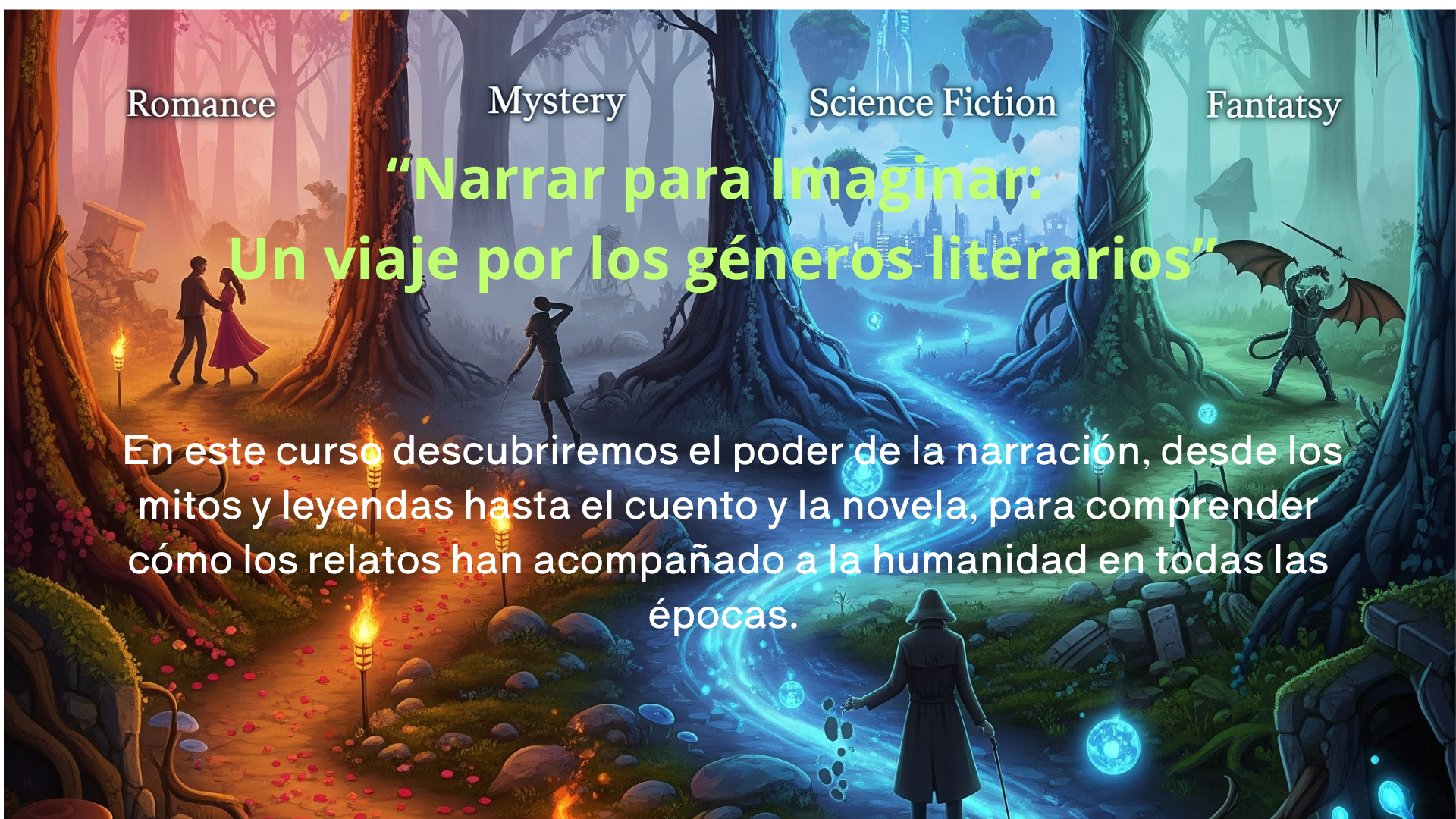 Un bosque mágico con caminos que representan los distintos géneros narrativos.